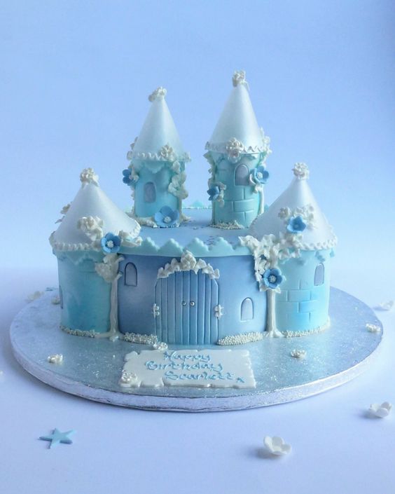 Blue Castle Cream Fondant Cake image